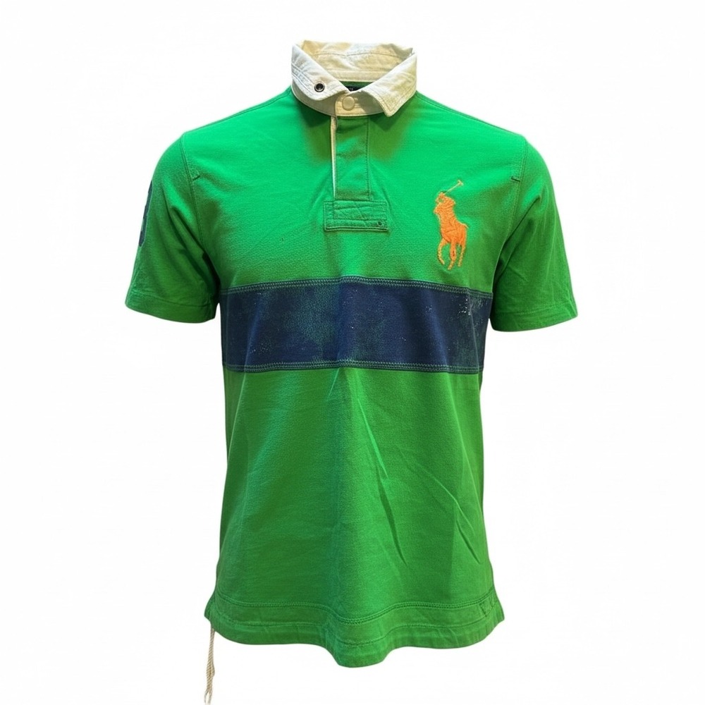 Polo Ralph Lauren Men's Green‎ polo Orange Pony Logo Size L Y2K Nautical Toggle